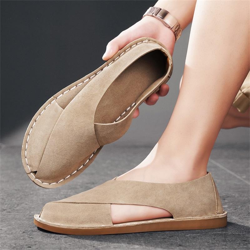 

Men Handmade Simple Flats Sandals Summer Roman Sandals Retro Suede Brown Beach Shoes Plus Size EU:48 бежевий