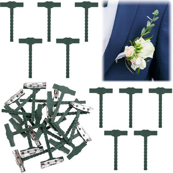 20 Pcs T-Shaped Boutonniere P for Men, Plastic Boutonniere Kit, Tiny Boutonniere Supplies, P for Boutonniere, Flowers, Wedding, Birthday, Festivals 10 Pcs, Green