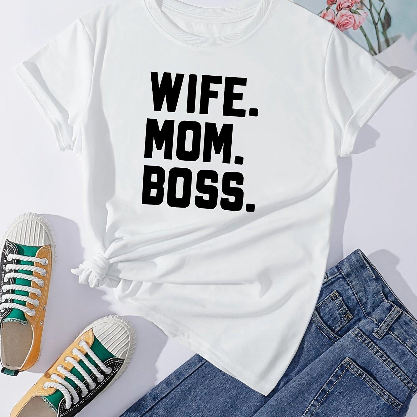 

Повседневная футболка с круглым вырезом и принтом «жена, мама, босс», свободные короткие рукава, модные летние футболки, топы, женская одежда, белые футболки с рисунком M