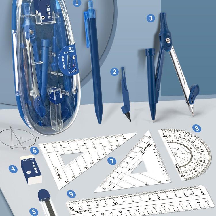9-Piece Geometry Set for School: Compass, Protractor, Ruler, Square, and More