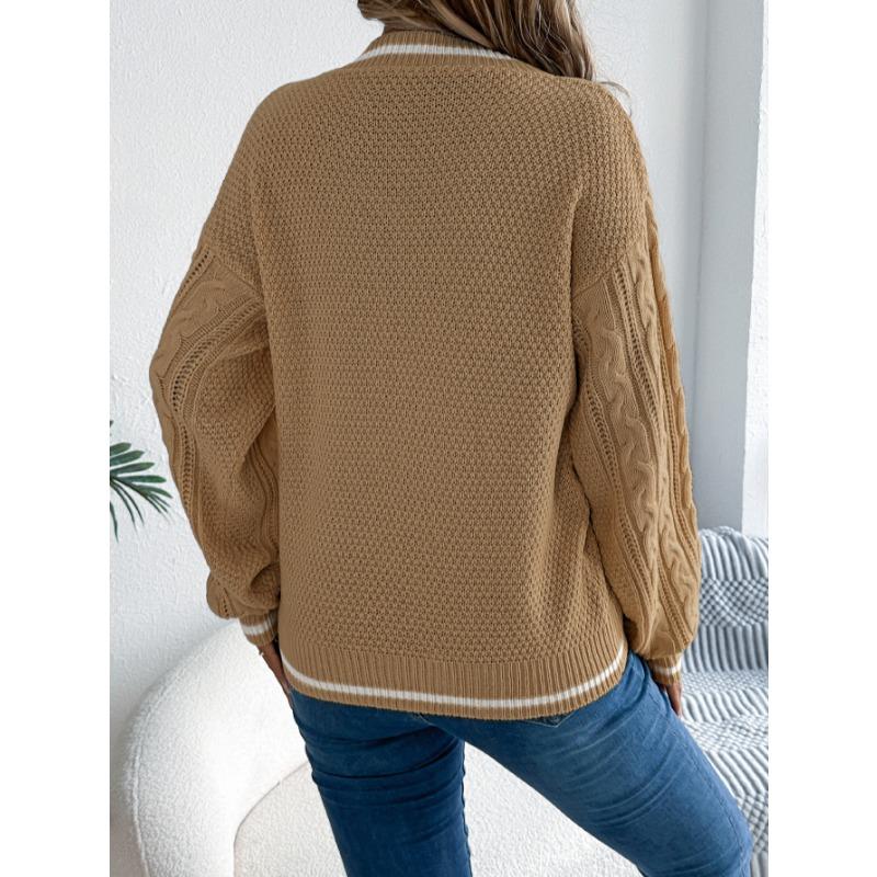Autumn and Winter V-neck Twist Lantern Long Sleeved Pullover Sweater Women Loose Stripe Tops Ladies Fashion Elegant Casual Office Women's Clothing