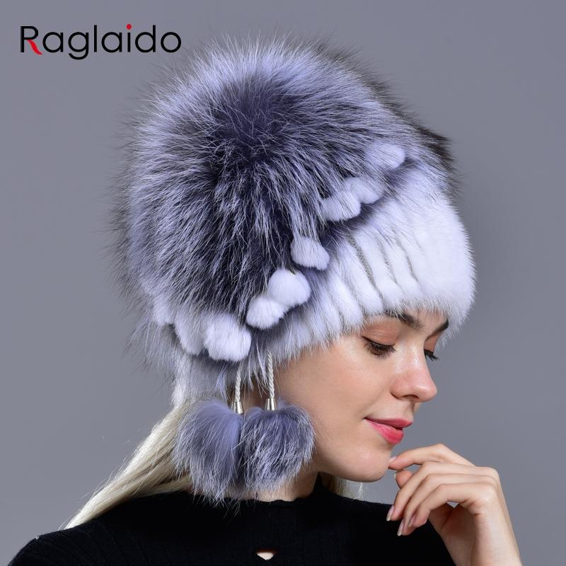 Winter Hat Mink Women Knitted Fox Fur Pompom Warm Cap Floral Fashionable Fluffy Elegant Female Genuine Natural Fur Hats Caps