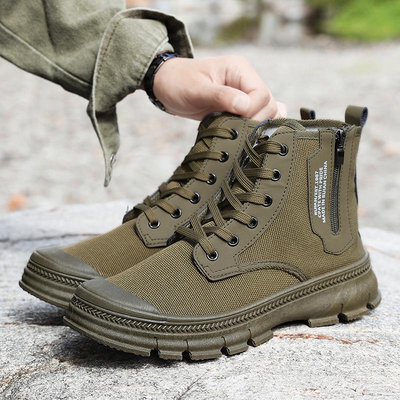 High-Top Yellow Canvas Labor Shoes: Unisex Spring/Autumn Outdoor Rubber Work Footwear
