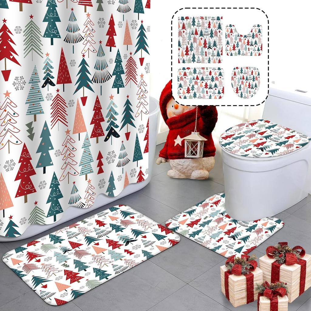 4Pcs Bathroom Shower Curtain Set Christmas tree Bathroom Curtain With 12 Hooks Non Slip Rugs Toilet Cover Mat Bathroom Partition