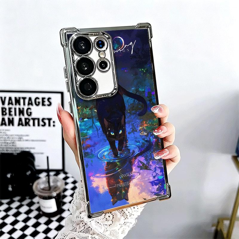 

Night Moon Cat Dreamy Art Plating Phone Case For Samsung Galaxy S24 S25 FE S26 Edge S23 Ultra S22 S21 Plus S20 Anti-Fall Airabag Samsung S22 Plus