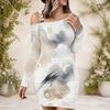 Women Plus Size One Shoulder Long Sleeve Printed Bodycon Mini Dress