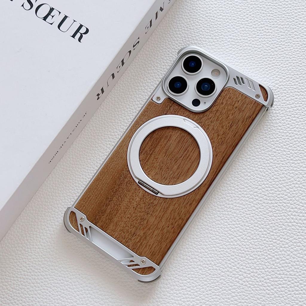 Solid Wood Metal Aromatherapy Walnut Phone Case for Apple 17promax Rotating Bracket Magnetic Including Phone Grip