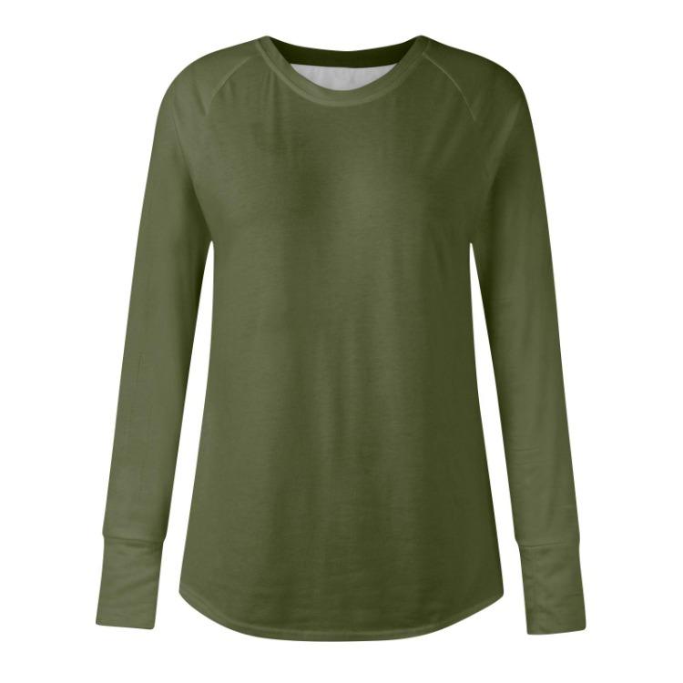 Loose Long Sleeve T Shirt Women Solid Round Neck Medium Top Thumb Hole