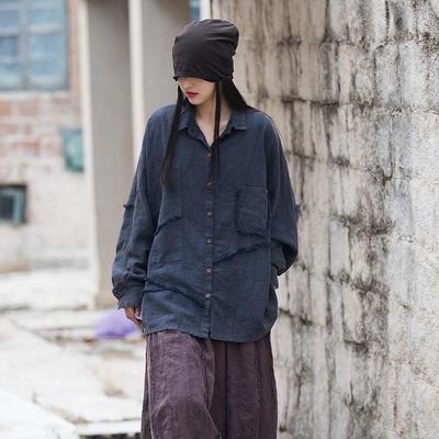 Women's Spring Loose-Fit Ramie Cotton Shirt with Distressed Irregular Splicing