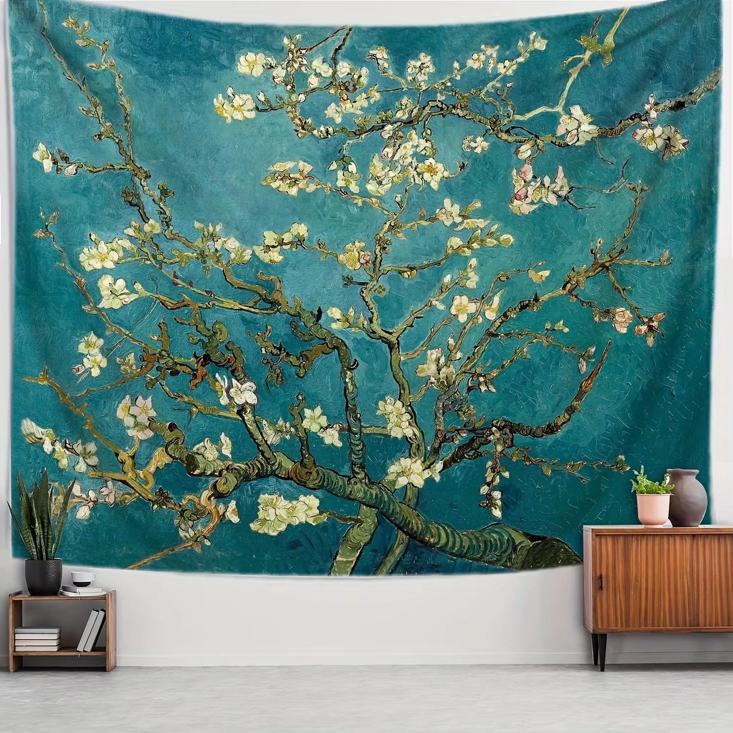 Van Gogh  Apricot Blossom  Art Tapestry Vintage White Flowers Oil Painting Style Living Room Feature Wall Decor 100X70CM