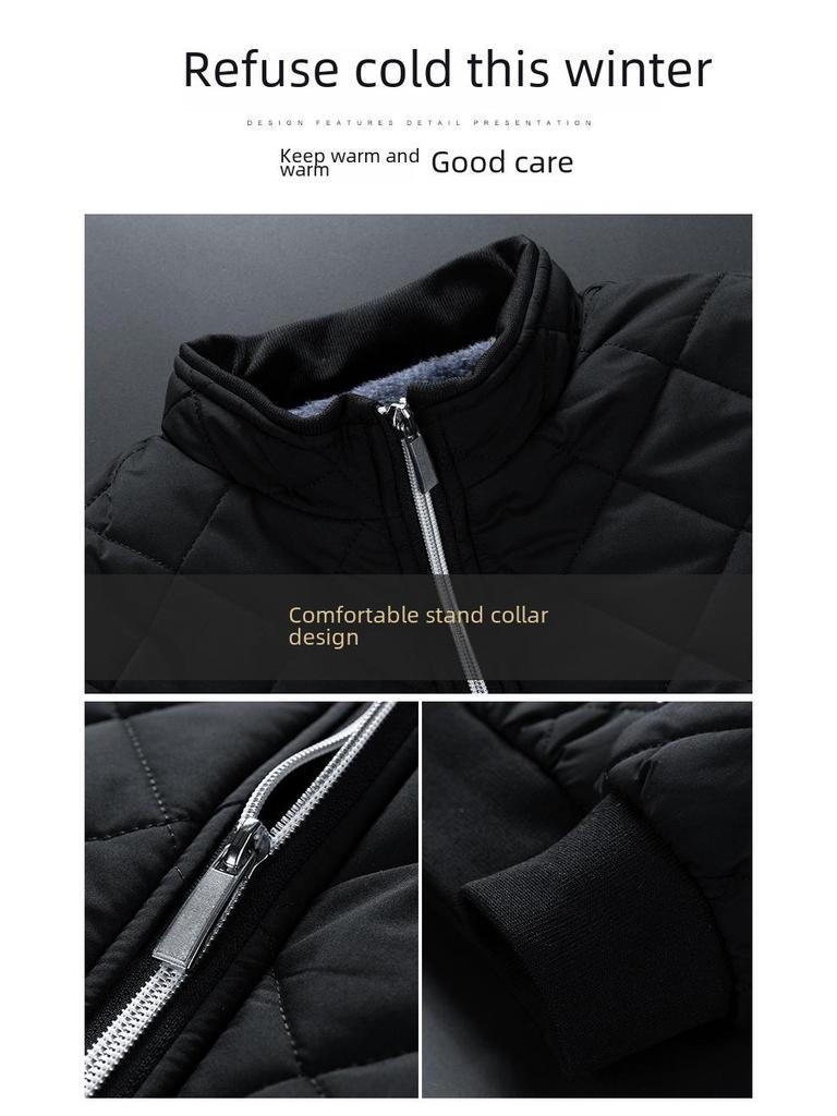 Men's Warm Plaid Cotton Coat with Stand-Up Collar – Casual, Windproof, and Fashionable Velvet Jacket