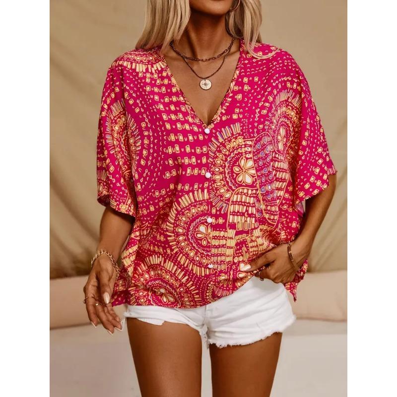 Casual Women's Shirt New Style V-neck Printed Vacation Style Bat Sleeve Blouse 8005