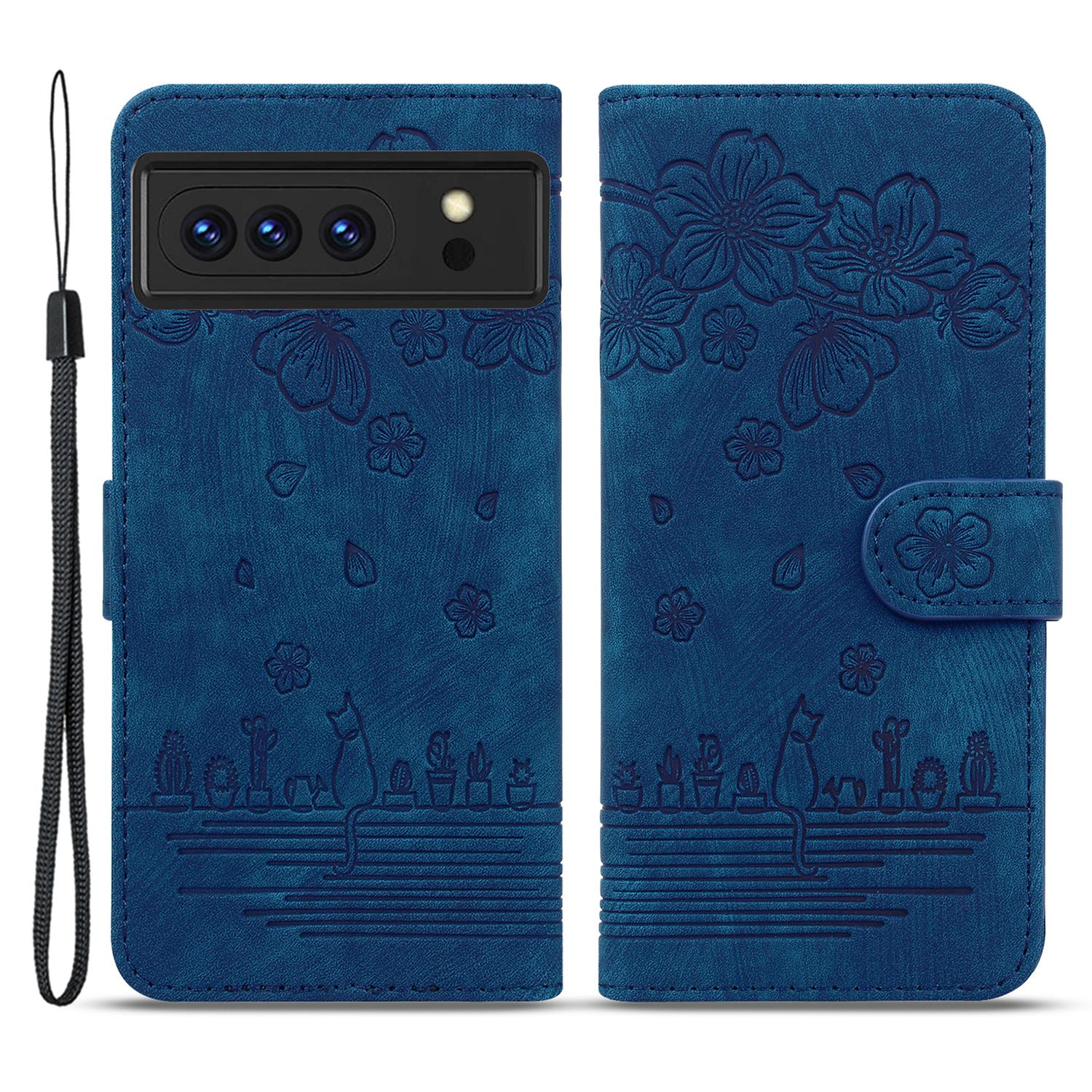 

For Google Pixel 8 Pro PU Leather Wallet Stand Case Imprinted Flower Cat Phone Cover with Strap Blue