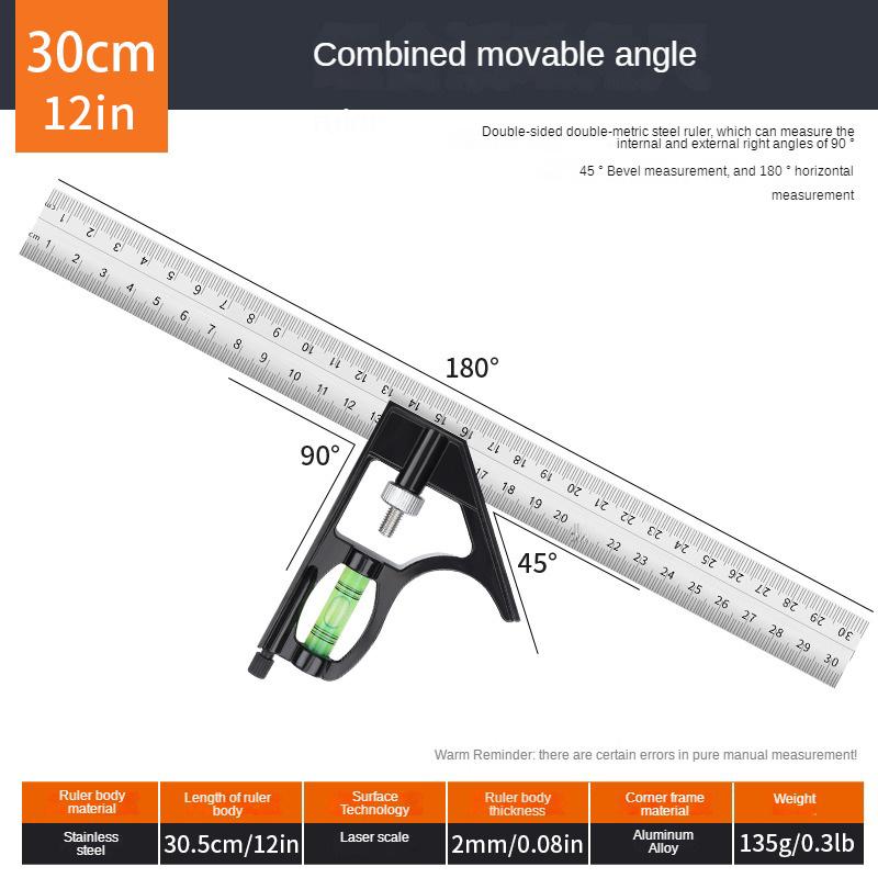 12" Professional Resolution Adjustable Stainless Steel Angle Combination Square Ruler