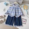 Girls Summer Plaid Halter Top And Ruffled Wide Leg Pants 2 Piece Outfit Set For Kids Casual Beach Wear