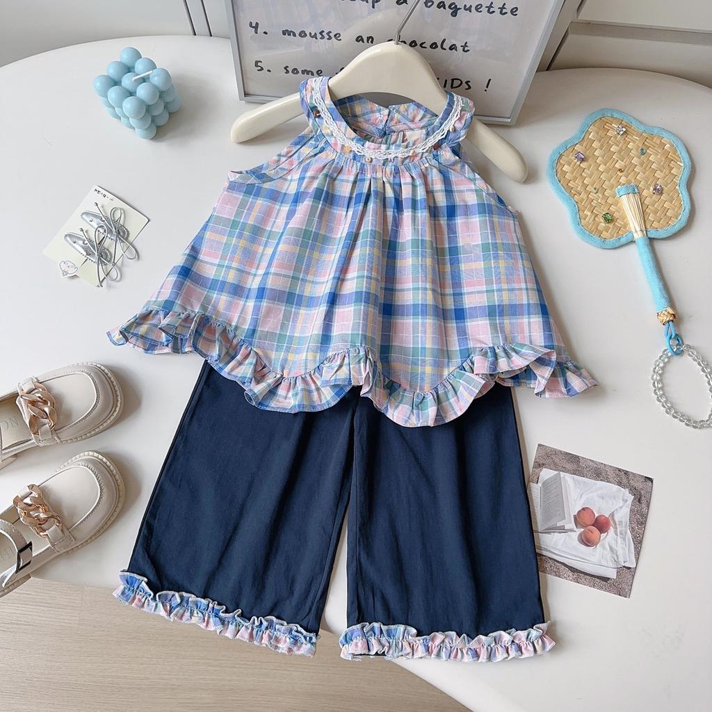 Girls Summer Plaid Halter Top And Ruffled Wide Leg Pants 2 Piece Outfit Set For Kids Casual Beach Wear