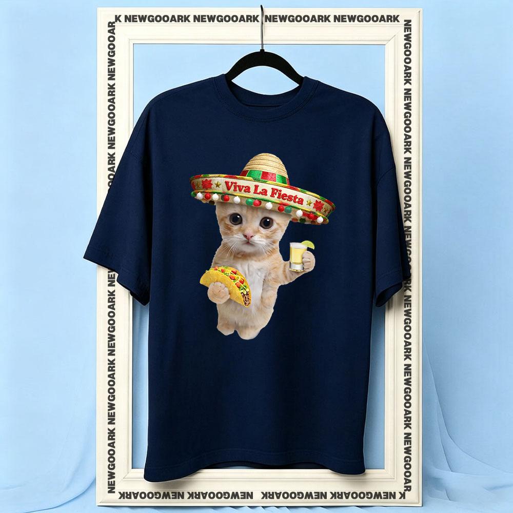 El Gato Viva La Fiesta Cat eating Taco Tequila Funny Cinco De Mayo cat tshirt Women Unisex Casual cotton printed t shirts Adult S