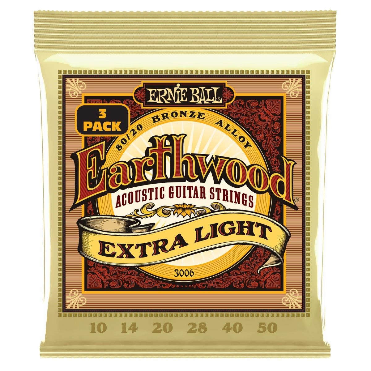 

ERNIE BALL 3006 Acoustic Guitar Strings EARTHWOOD BRONZE EXTRA LIGHT 3Set Pack [Genuine] (10-50) 80/20