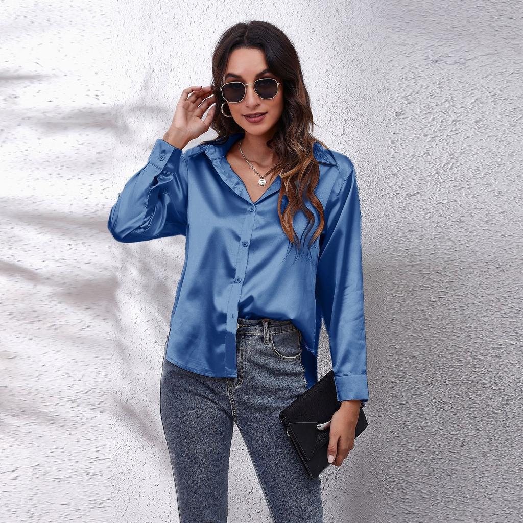 . Real Shot, Satin Shirt, Women's Satin Imitation Silk Long-sleeved Shirt, New European and American Women's Clothing