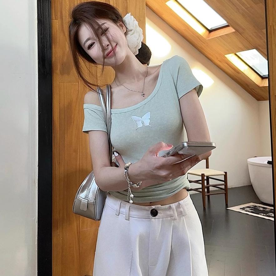 Harajuku Cotton Women T-shirts Summer Short Sleeve Slanted Collar Casual Sexy Butterfly Print Slim T Shirt Ladies Y2k Crop Tops Green Clothes