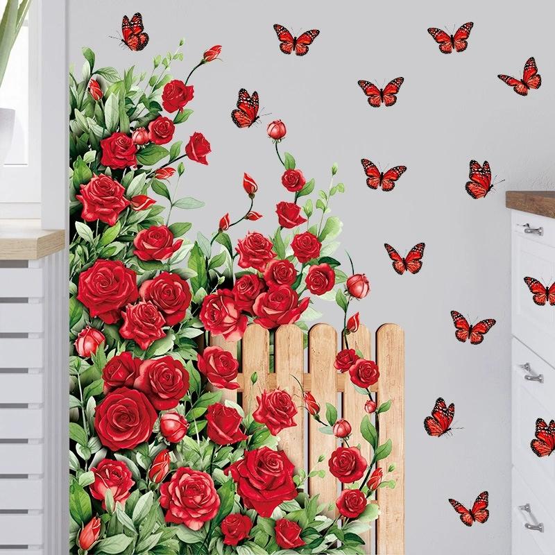 Valentine'S Day Rose Wall Sticker Vine Fence Butterfly Removable Stickers Pvc Self-Adhesive Party Atmosphere Decorative Decals