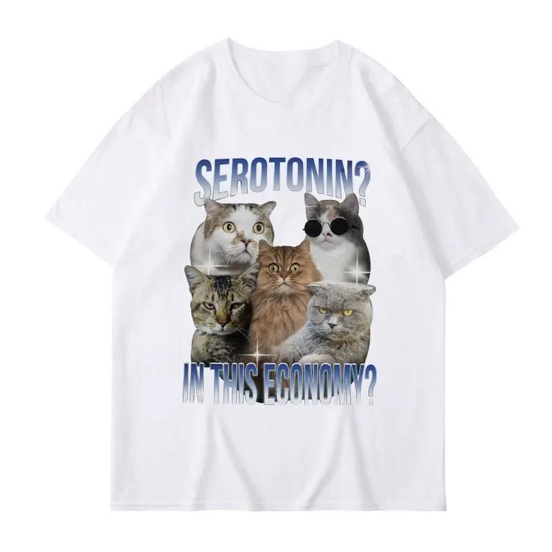 Serotonin In This Economy Funny Cat Meme TShirt Women Casual Trendy Short Sleeve T Shirt Streetwear Unisex Clothing Graphic Y2K