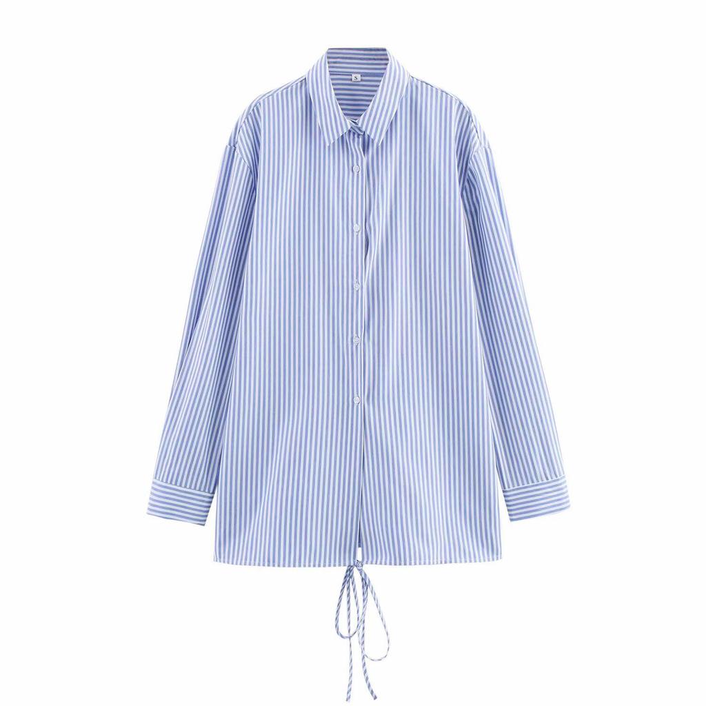 2025 Spring Women's European & American Style Long Sleeve Striped Shirt with Turn-Down Collar
