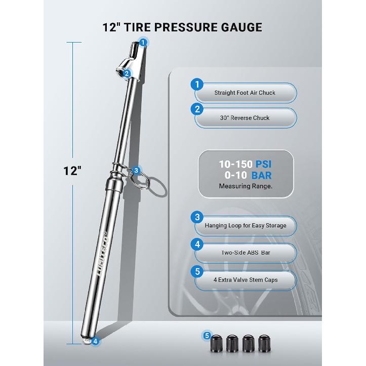 Dual Head Tire Pressure Gauge, Heavy Duty Extension Air Tire Gauge For Tire Pressure Range 10-150PSI 1-10BAR, Straight Foot Dual Head Chuck Auto