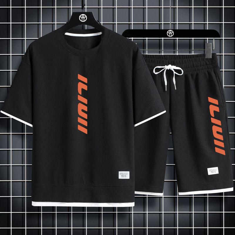 Men's Sets Waffle Summer Casual T Shirt + Shorts Suit Basketball Tracksuit Letter Print Solid Color Tracksuit Loose Suit