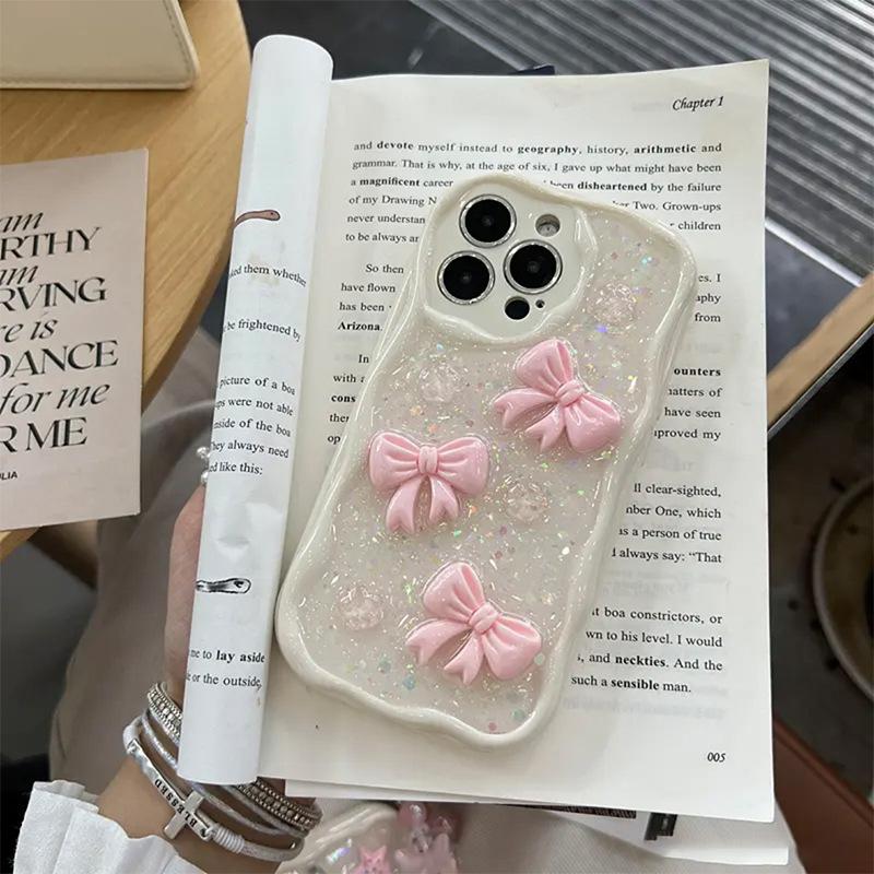 Bow Glitter Adhesive Phone Case for IPhone 16 Pro Glitter for Apple 17 All Inclusive Anti Fall Cream Style