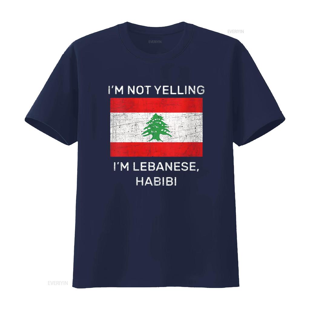 Mens I M Not Yelling Lebanese Habibi Lebanon Flag Round Neck T Shirt Black 2X Large Vintage Washed Versatile Comfortable