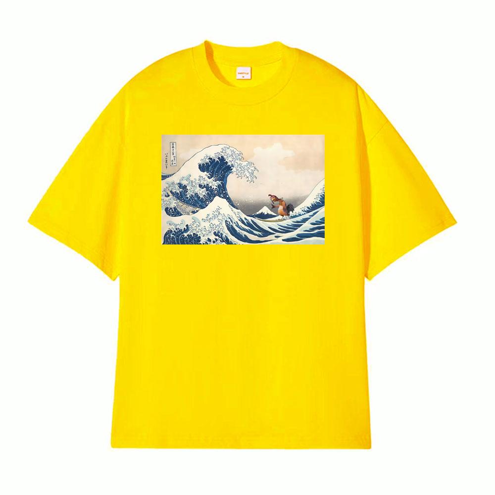 The Great Wave of Kanagawa Lmage Chicken Joe Funny Meme Picture T Shirt Surfs Up T Shirts Men Women Oversized TShirt Streetwear