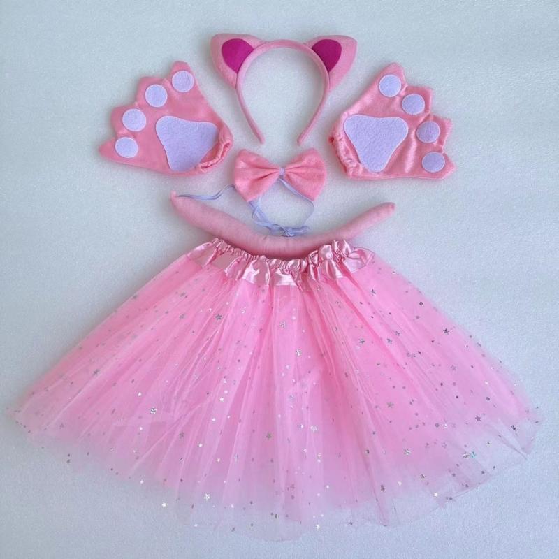 Cats Costume Set Includes Cats Tail Headband Bowtie Glove Skirt Halloween Catgirl Dress up Outfit for Kid Women Cosplay