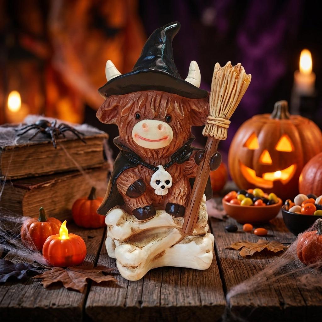 Halloween Resin Witch Broom Decoration with Pumpkin Theme for Party and Home Display