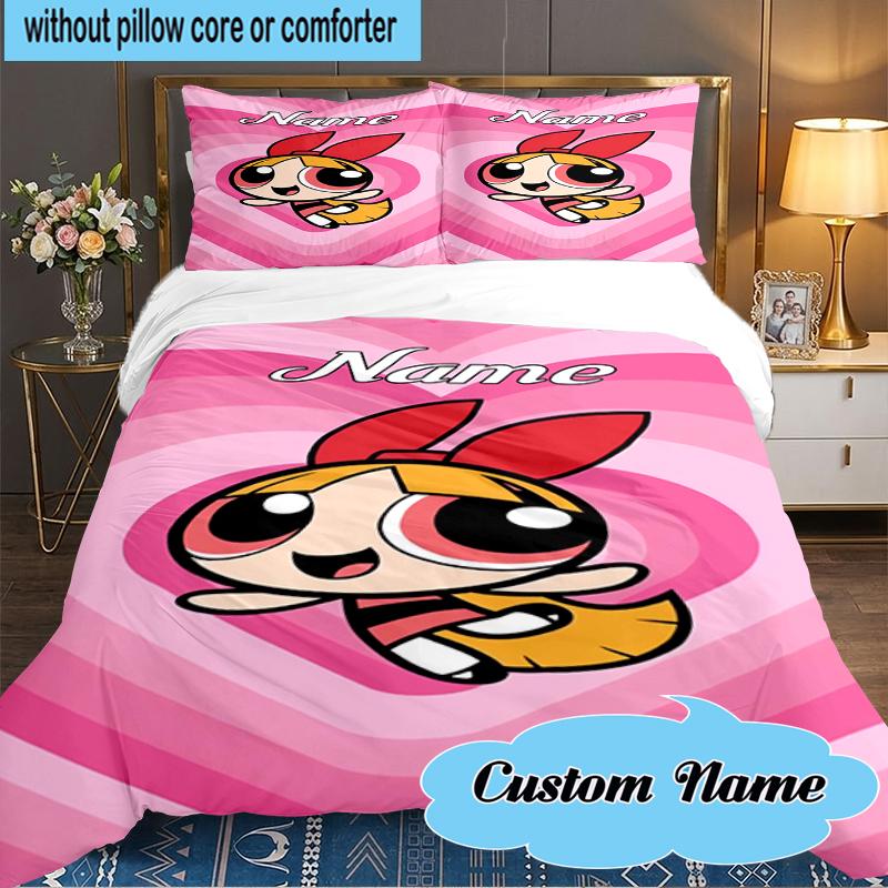 Custom Name Powerpuff Adventure Bedding Set 3pcs, Bedding Set Including 1pc Duvet Cover And 2pcs Pillowcases for Bedroom, Dormitory Gift