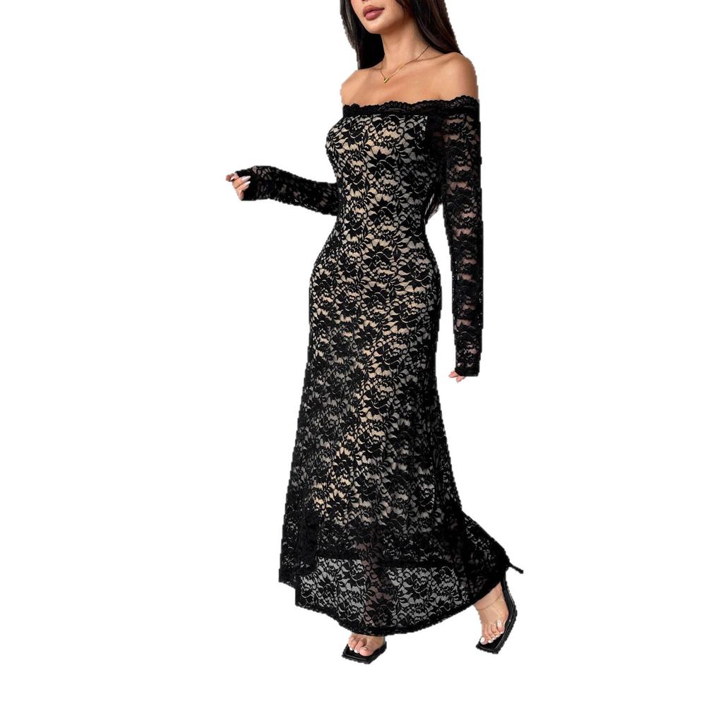 Autumn Winter Long Sleeve Lace One Shoulder Slim Fit Flattering Long Dress Women Mature Style French Retro Slim Sexy Elegant Women Maxi Dress