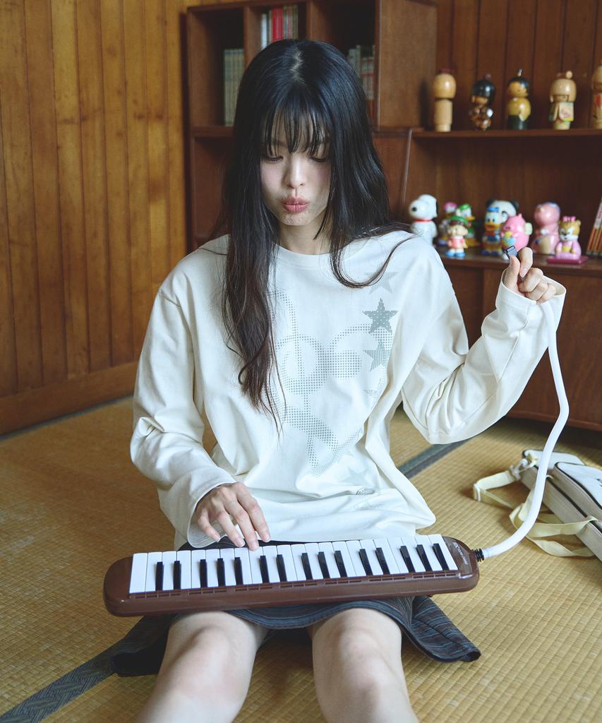 MIHEV Music Note Graphic Oversized Long Sleeve Cream