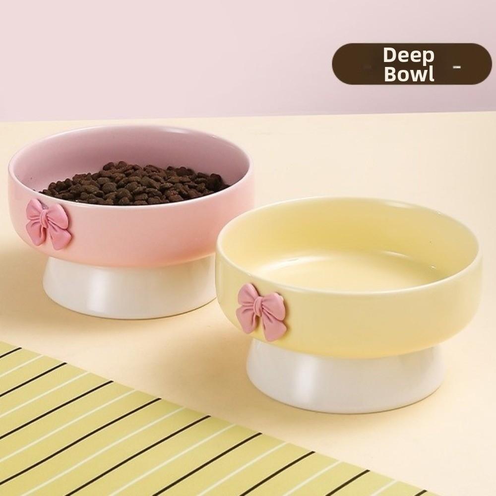 Large Capacity Ceramic Cat Bowl Macaron Colors with Bow Anti-Spill Dog Bowl Non-Slip Base Cat Water Food Bowl