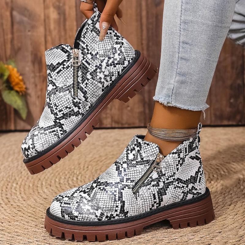 Fashion Fashion Snake Print Ankle Boots Women Spring Autumn Plus Size 36-43 Platform Boots for Woman Zipper Up Round Toe Botas Lady