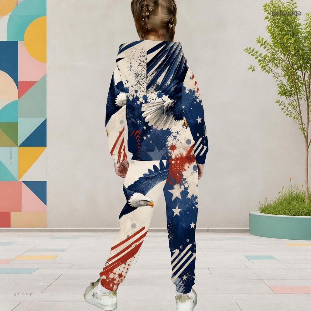 Girls Hooded Long Sleeve Star Firework Printed Dark Blue Two Piece Outfit Kangaroo Pocket Cuffed Pants Set