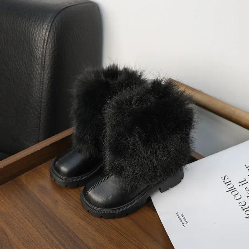 

Winter Girl Snow Boots Soft Furry Hairy Kid s Boot Black White Versatile Children Causal Long Boots Warm Plush Zipper 26 чорний