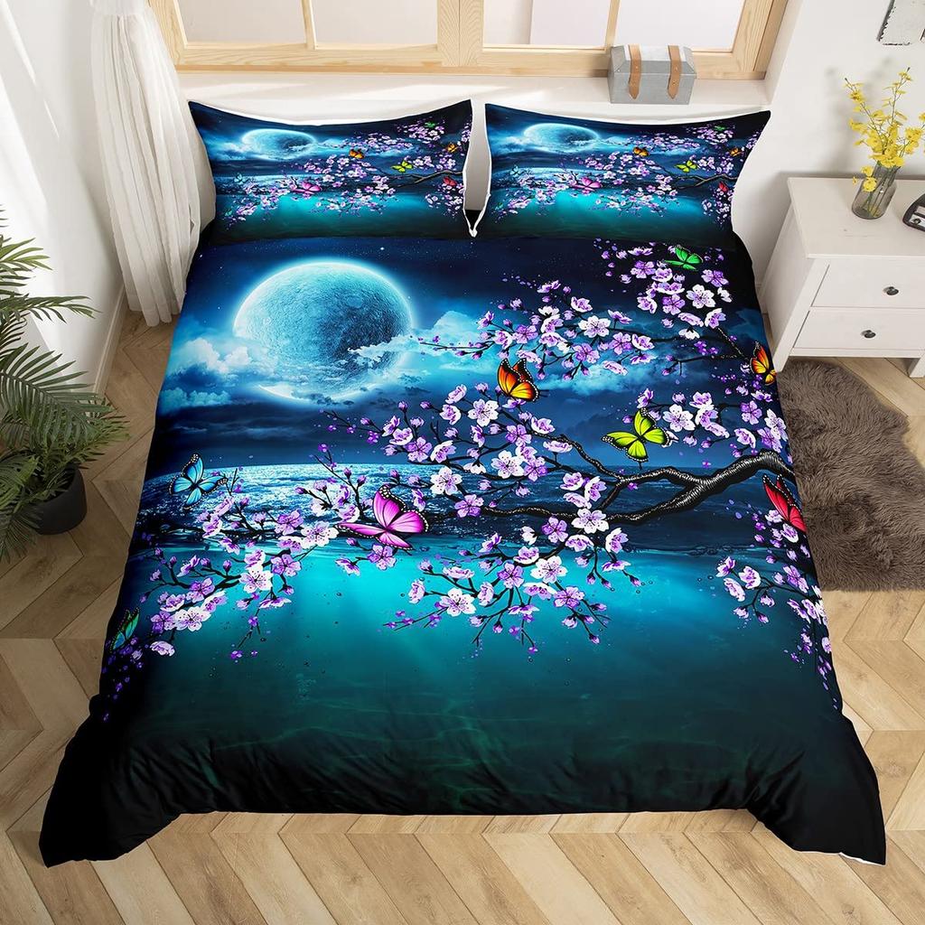 Deep Ocean Duvet CoverSeawater Bright Moon At Sea Starry Night Sky Galaxy Summer Hawaiian Holiday Comforter CoverBedding Set