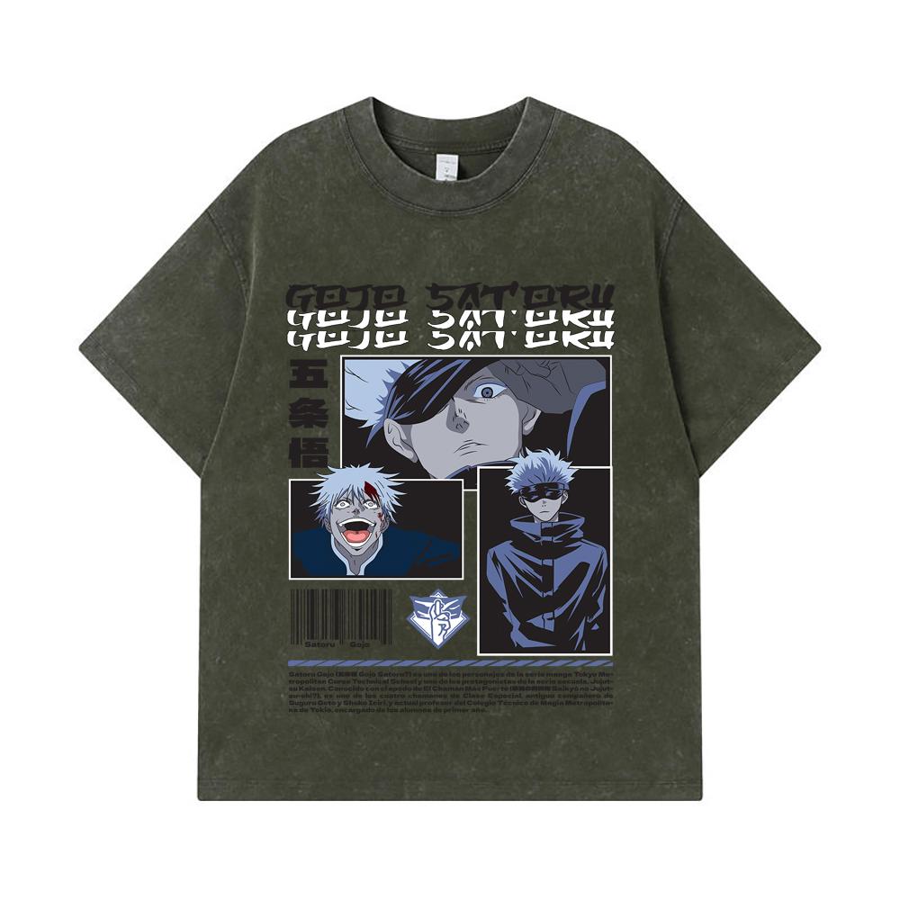 

275 GSM Washed T-shirts 100% Cotton Jujutsu Kaisen V26 Gojo Print Unisex Heavy Cotton T Shirt S армия зеленый
