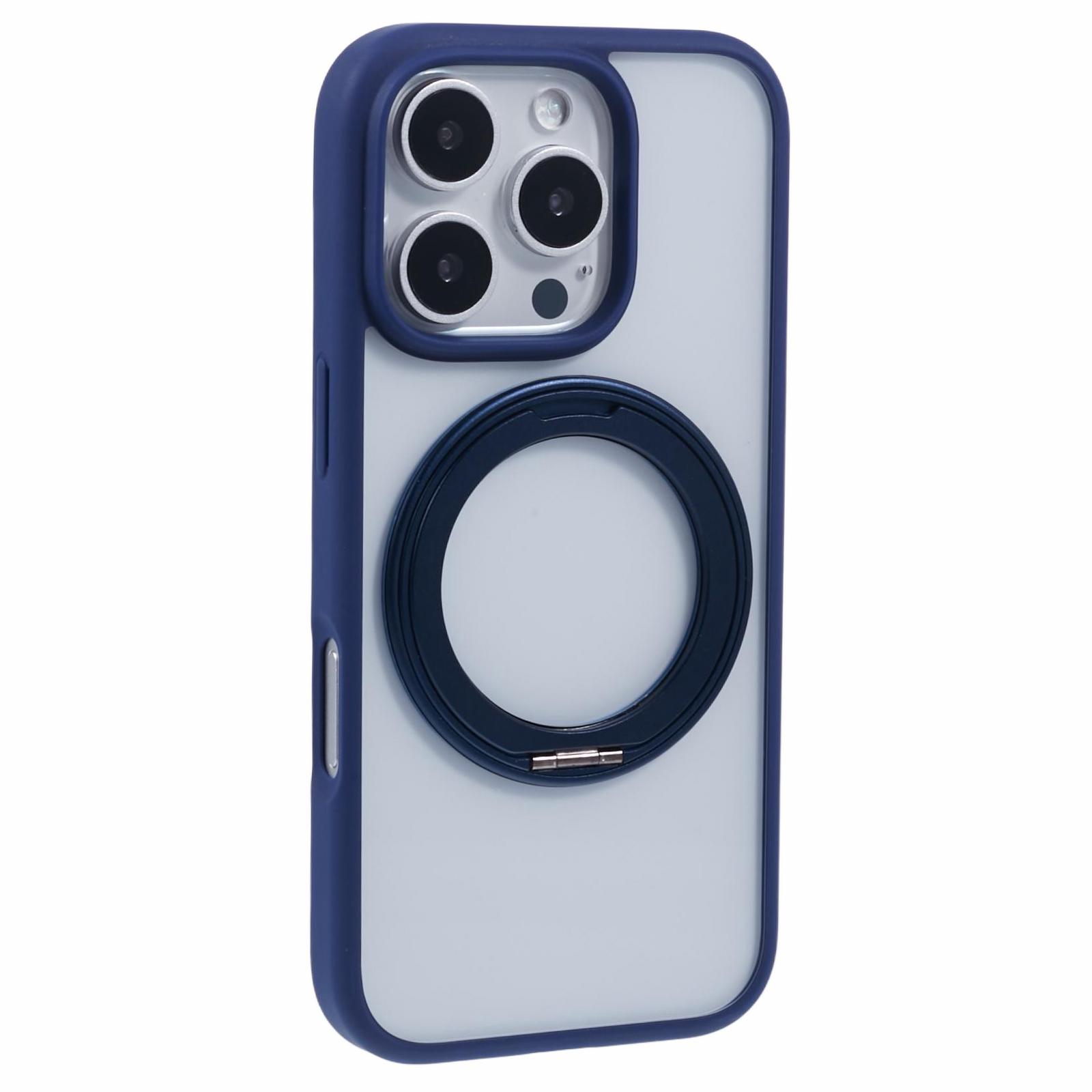 

For iPhone 16 Pro Case PC+TPU Phone Cover Rotation Ring Holder Kickstand Blue
