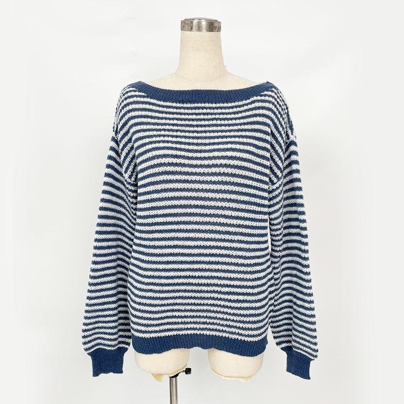 Fashion One-word Neck Striped Off-the-shoulder Knitted Women Sweater Autumn and Winter Pullover Loose Simple Office Sweaters Casual Long Sleeve Tops