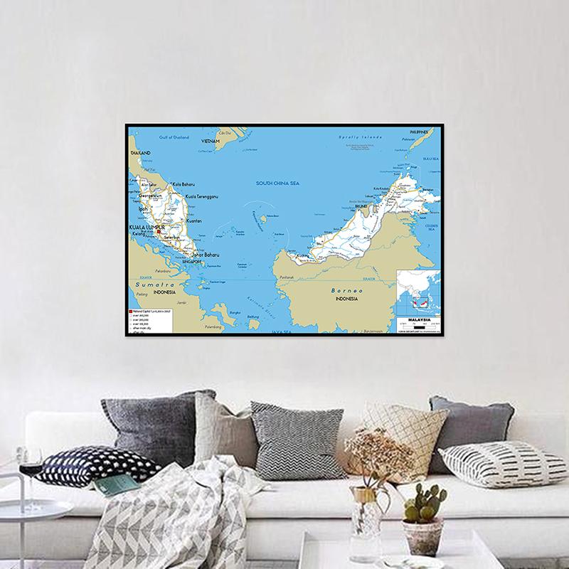 Mappa inglese Mappa Malesia Mappa stradale Pittura su tela Soggiorno Decorazione domestica Materiale scolastico per bambini