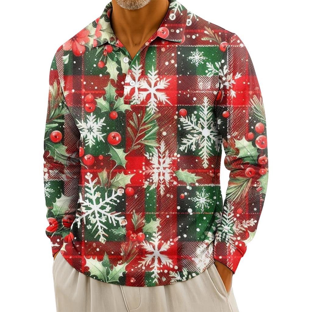 Men's Casual Christmas Print Button Long Sleeve Shirt