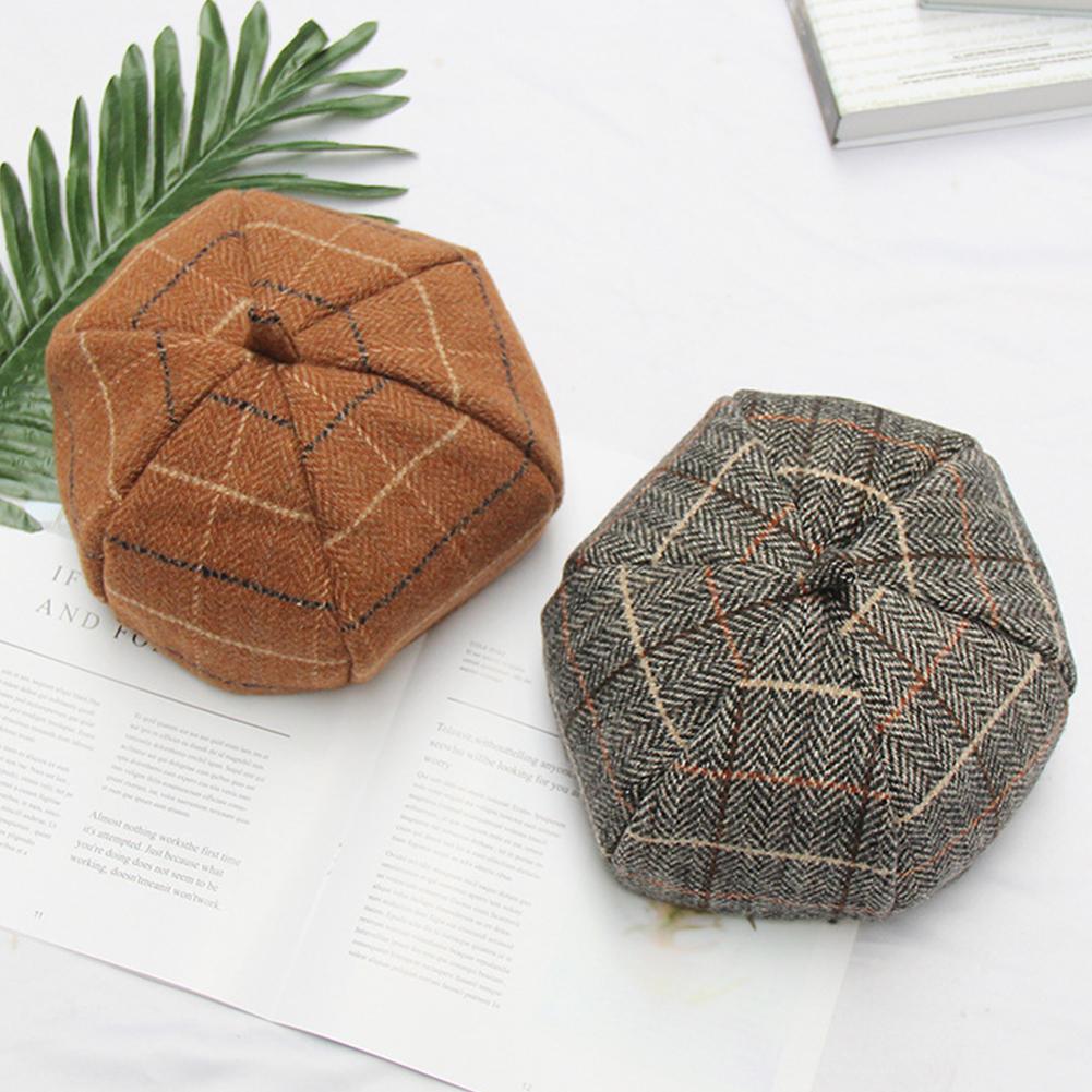 Lady Retro Plaid Beret Double Layer Painter Cap Autumn Winter Warm Berets