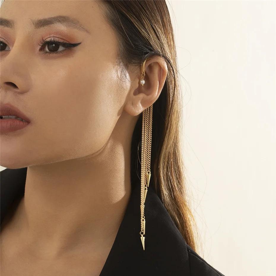 High Quality Long Tassel Clip Earring Fashion Statement Ear Cuff Fake Piercing Vintage Pendientes for Women Goth Jewelry Gift