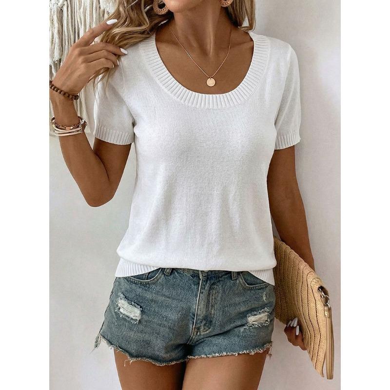 Women's Summer Thin Knitted Top, Slim Fit Short Sleeve Crew Neck T-Shirt